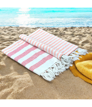 Coral - Cotton Hammam Beach Towel with reversible Toweling